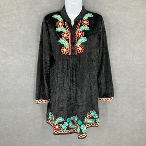 Black‎ Velvet Tunic Dress Floral Embroidered Bohemian Festival Blouse Top S/M